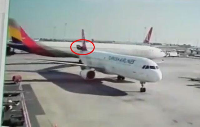 아시아나항공 OZ552편 에어버스 A330 기종 항공기가 터키항공 에어버스 A321 기종 항공기와 충돌하는 모습(빨간 원). /유튜브 캡처