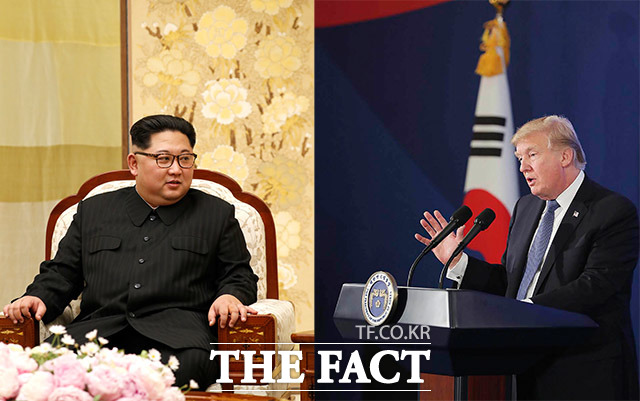 김정은(왼쪽) 북한 국무위원장과 도널드 트럼프 미국 대통령은 오는 6월 12일 싱가포르에서 열릴 북미정상회담을 앞두고 기싸움을 벌이고 있다./더팩트 DB