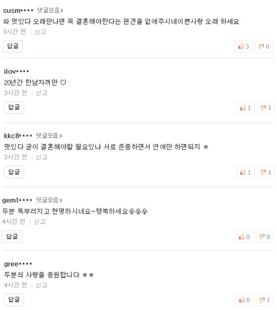 오나라 김도훈 장수 커플의 결혼 없는 장기 연애 소식이 전해지자 대다수의 누리꾼들은 두 분의 사랑을 응원한다며 두 사람의 사랑을 지지했다. /오나라 20년째 연애 기사 댓글 갈무리