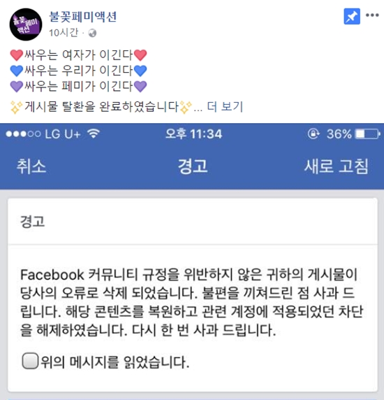 페이스북 코리아는 3일 불꽃페미액션에 상의 탈의 사진 삭제에 대해 사과했다. /불꽃페미액션 페이스북 캡처
