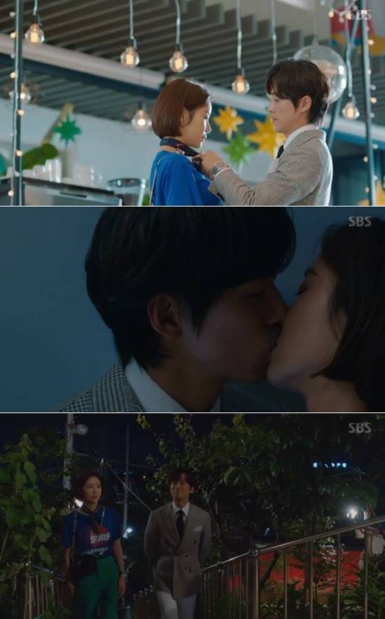 14일 방송된 훈남정음에서는 유정음(왼쪽)과 강훈남 키스를 하며 서로의 마음을 확인했다./SBS 훈남정음 캡처