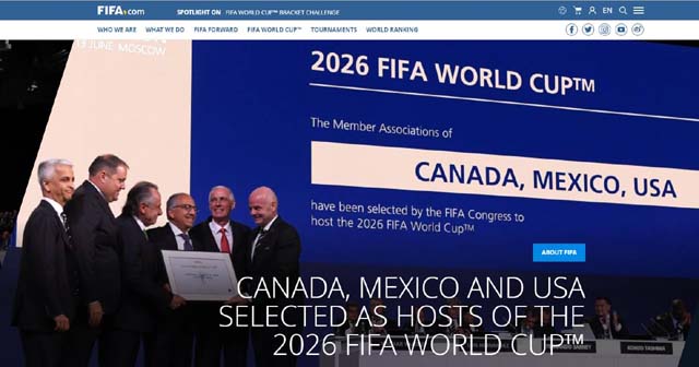 미국, 멕시코, 캐나다가 2026년 월드컵 공동 개최지로 확정됐다.FIFA 홈페이지는 이 같은 결과를 메인화면에 내걸었다. /FIFA 홈페이지 캡처