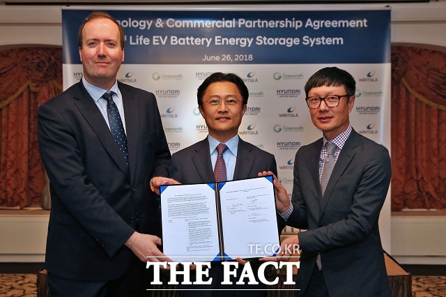현대차그룹은 26일 재활용 배터리 ESS 개발의 가속화 및 사업성 확보 차원에서 핀란드의 바르질라와 전략적 파트너십 협약을 체결했다고 밝혔다. 하비에르 카바다 바르질라 에너지 부문 대표, 지영조 현대차그룹 전략기술본부 부사장, 존 정 그린스미스 에너지 CEO(왼쪽부터) /현대차그룹 제공