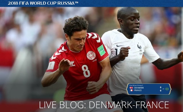 프랑스-덴마크는 26일 오후 11시(한국시간 모스크바 루즈니키 스타디움에서 열린 2018 러시아 월드컵 조별리그 C조 최종전 경기에서 0-0 무승부를 기록했다. /피파(국제축구연맹) 홈페이지 갈무리