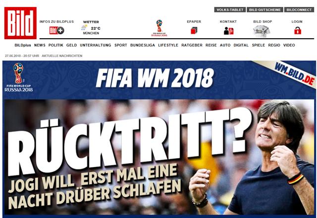 독일 반응 칼바람 독일 언론들이 한국전 패배 후 뢰브 감독 사퇴에 대한 기사를 쏟아내고 있다. /빌트 캡처