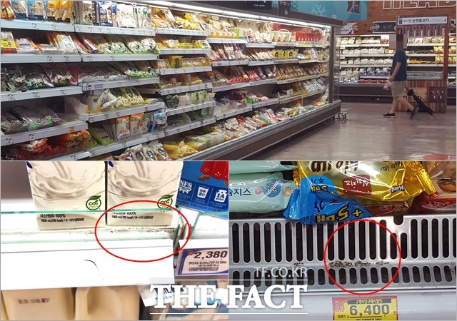 해당 점포는 인근에 있는 경쟁사 롯데마트, 이마트와 비교해 상대적으로 냉장고 위생 관리가 취약했다. 사진은 홈플러스 중계점 식품 코너에 있는 일부 개방형 냉장고의 불결한 위생 상태. /홈플러스 중계점=안옥희 기자