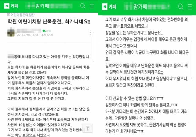 경기 광주 지역의 학부모 A씨는 맘카페에 거짓 고발글을 올려 비난을 받고 있다. /네이버 카페 캡처