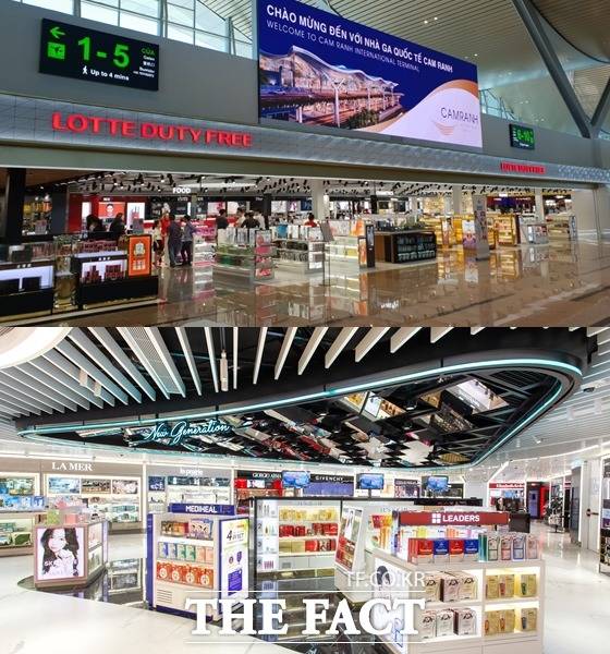 롯데면세점은 베트남 나짱 깜란국제공항에 면세점을 냈다. 지난해 오픈한 다낭공항점에 이어 약 1년 만에 오픈하는 베트남의 두 번째 매장이다(위). 신라면세점은 지난달 28일 홍콩 첵랍콕국제공항 면세점을 정식 개장했다. /롯데면세점·호텔신라 제공