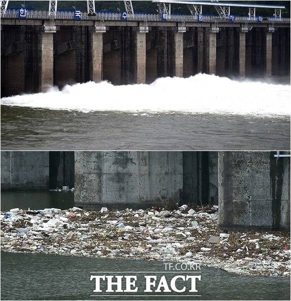 전국적으로 장맛비가 내리는 9일 오후 경기도 하남시 팔당댐은 저수량 조절을 위해 수문을 개방해 방류하고 있는 모습(위)과 지난 태풍 쁘라삐눈의 영향으로 상류에서 떠내려온 쓰레기가 남아 있는 모습이 보이고 있다. /임세준 기자