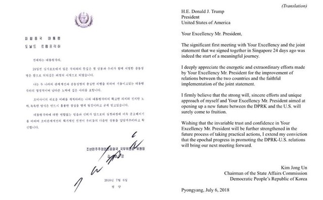 도널드 트럼프 미국 대통령이 12일(현지시간) 트위터를 통해 올린 김정은 위원장의 친서. /트럼프 대통령 트위터 갈무리