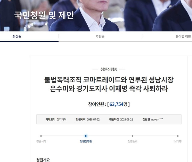 청와대 홈페이지에는 이 지사와 은 시장 관련한 국민청원이 빗발치고 있다. 사진은 23일 기준 6만 3천 명의 지지를 받은 청원글. /청와대 홈페이지 갈무리