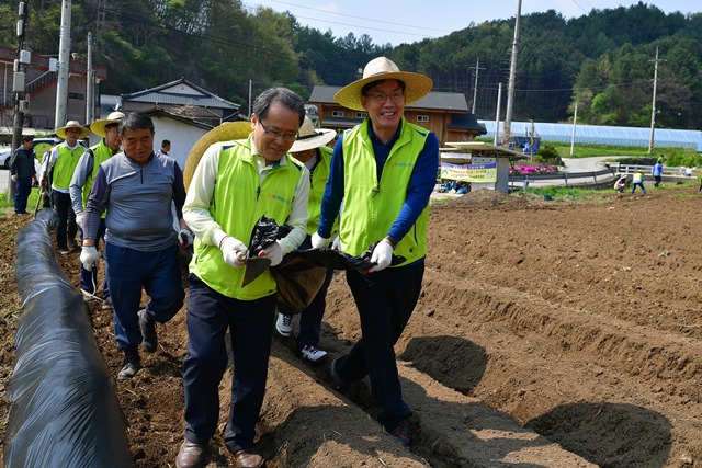 이대훈 농협은행장(오른쪽)과 직원들이 지난 4월 27일 경기도 양평군 신당마을에서 농촌일손돕기를 실시하고 있다. /농협은행 제공