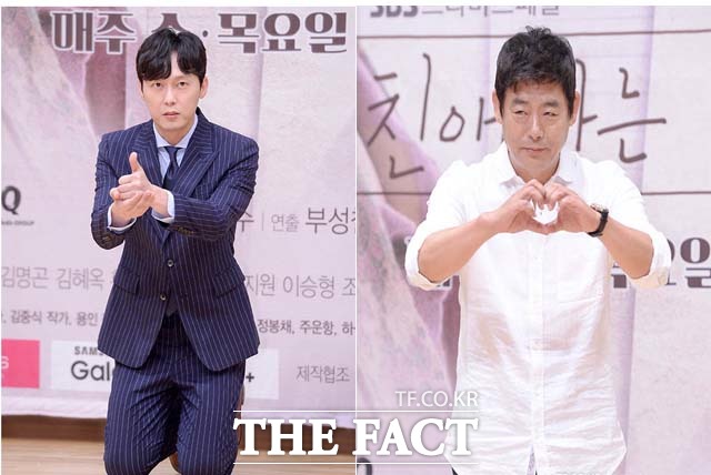 배우 박병은(왼쪽)과 성동일이 25일 SBS 새 수목드라마 친애하는 판사님께 제작발표회에서 각각 재밌는 포즈를 취하고 있다. /목동=김세정 기자