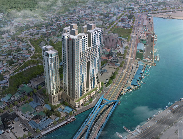 힐스테이트 속초 센트럴 대부분의 세대가 속초 바다 영구 조망과 함께 속초 도심을 한눈에 내려다 볼 수 있다. 사진은 현대건설 힐스테이트 속초 센트럴 조감도. /현대건설 제공