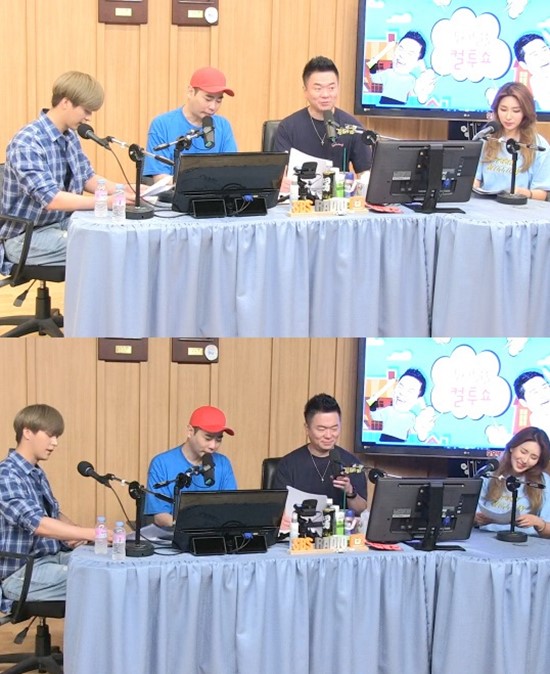 앞선 이날 자이언트 핑크(맨 오른쪽)는 SBS 라디오 파워 컬투쇼에 출연해 이용진에게 공개 고백을 했다. /SBS 라디오 파워 컬투쇼 방송화면 캡처