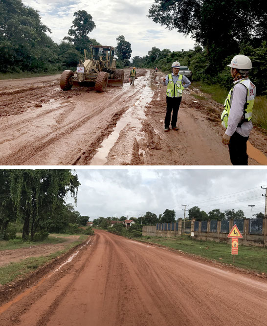 SK건설은 라오스 댐 사고로 침수 피해를 입은 지역의 8km 도로를 복구했다. 사진 위는 복구 전, 아래는 복구 후 모습. /SK건설 제공