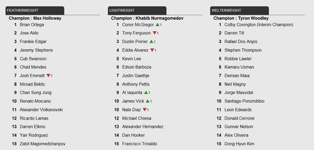 2일 UFC가 새롭게 발표한 체급별 랭킹에서 정찬성이 페더급 9위, 김동현이 웰터급 15위에 자리했다. /UFC 홈페이지 캡처