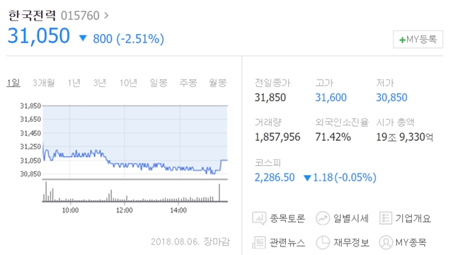 6일 한국전력은 전 거래일보다 800원(2.51%) 내린 3만1050원에 거래를 마쳤다. /네이버 캡처
