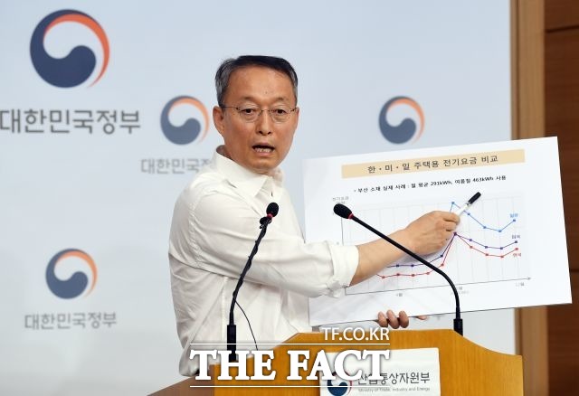 백운규 산업통상자원부 장관이 7일 오후 정부서울청사 별관에서 폭염에 따른 전기요금 지원 대책을 발표하고 있다. /이새롬 기자