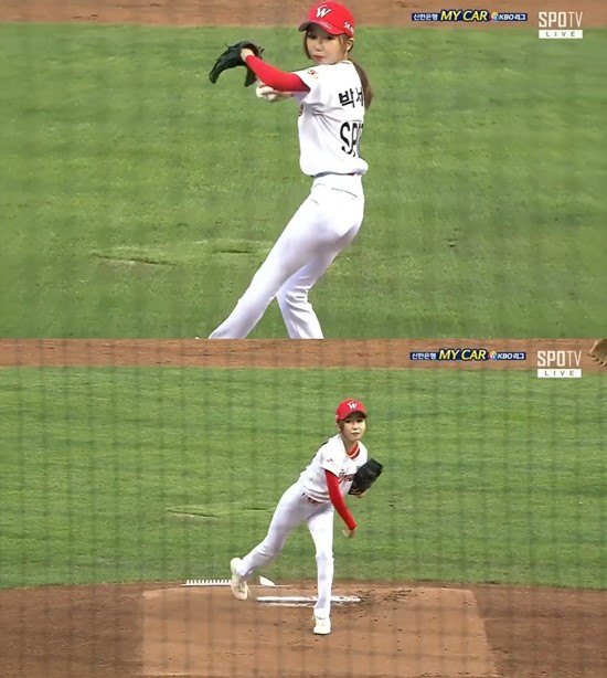 이날 박서휘 아나운서는 SK 정식 유니폼을 장착하고 등장해 마운드에서 제대로 된 시구를 선보였고 이를 접한 야구 팬들은 칭찬을 아끼지 않았다. /스포티비 방송화면 캡처