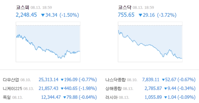 13일 코스피 지수는 전 거래일보다 34.34포인트(1.50%) 내린 2248.45에, 코스닥 지수는 전날보다 29.16포인트(3.72%) 하락한 755.65에 장을 마감했다. /네이버 캡처