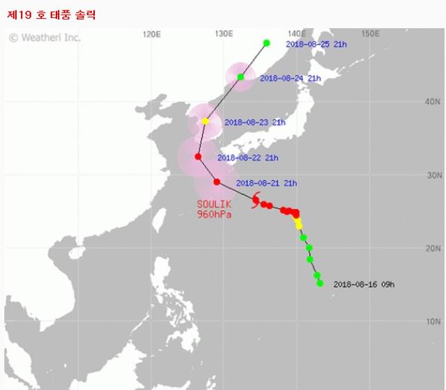 태풍경로는? 기상청은 제19호 태풍 솔릭이 한반도를 관통할 것으로 보고 주의를 당부했다. /네이버 태풍경로 캡처