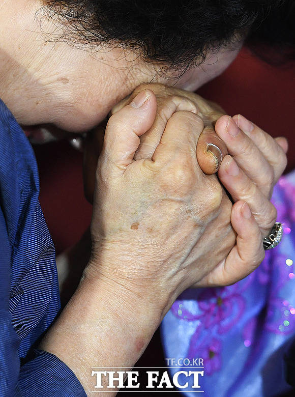우리측 유경희(72) 할머니가 북측의 언니 박영희(85) 할머니의 손을 붙잡고 작별의 아쉬움에 슬퍼하고 있다.