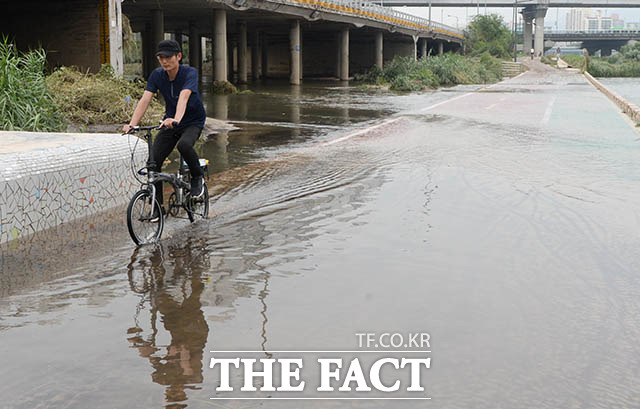 이틀 연속 내린 폭우로 인해 전국 곳곳이 비 피해를 입은 가운데 30일 오후 서울 성북구 중랑천에서 한 시민이 물에 잠긴 자전거 도로를 지나가고 있다. /김세정 기자