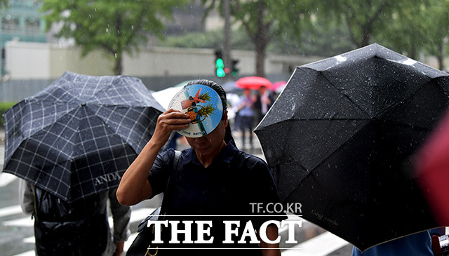 전국이 흐리고 비가 내리는 3일 오전 서울 종로구 사직로 거리에서 한 시민이 손부채로 비를 막고 있다.  /이덕인 기자