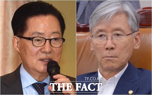 박지원 민주평화당 의원과 여상규 자유한국당 의원이 11일 이은애 헌법재판관 인사청문회장에서 충돌했다. /더팩트DB