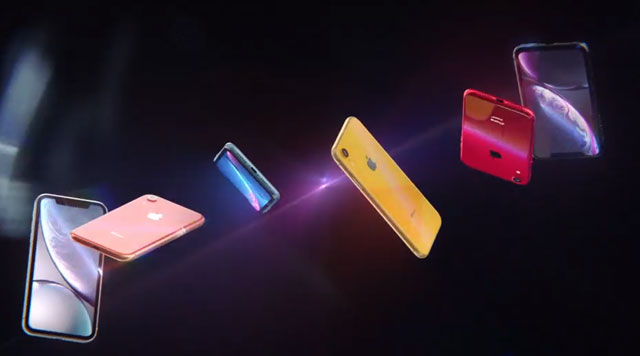 보급형 제품인 아이폰XR은 레드·옐로·화이트·코랄·블랙·블루 등 여러 색상으로 구성됐다. /애플 영상 캡처