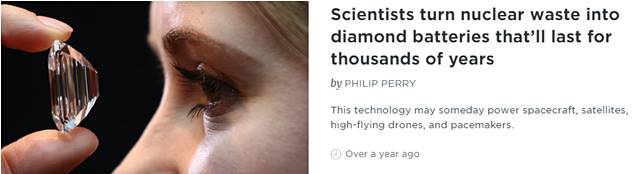 다이아몬드 배터리 개발. 최근 과학자들은 핵폐기물로 만든 다이아몬드 배터리를 개발했다고 인터넷 포럼 빅싱크(bigthink)가 알렸다. /빅싱크 기사 캡처