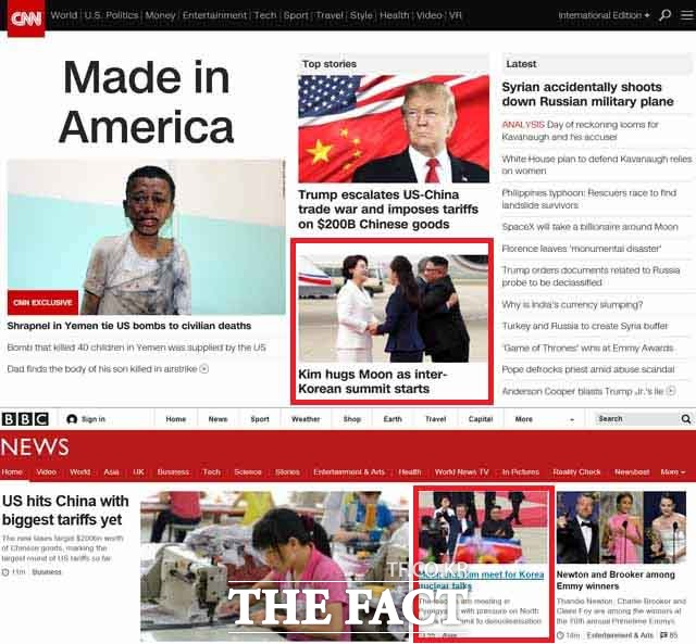 제3차 남북정상회담이 평양에서 열린 가운데, 외신들은 크게 반응하지 않았다. 사진은 미국 CNN(위)과 영국 BBC(아래)의 남북정상회담 보도 모습. /CNN, BBC 화면캡처