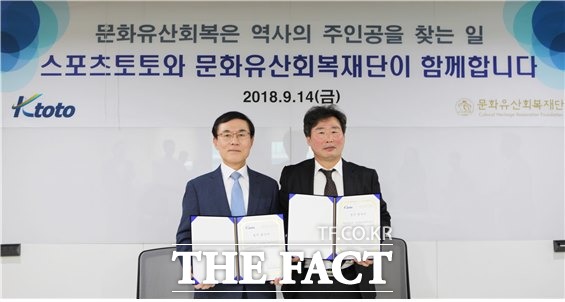 업무 협약을 체결한 케이토토 김철수 대표이사(왼쪽)과 문화유산회복재단 이상근 이사장.