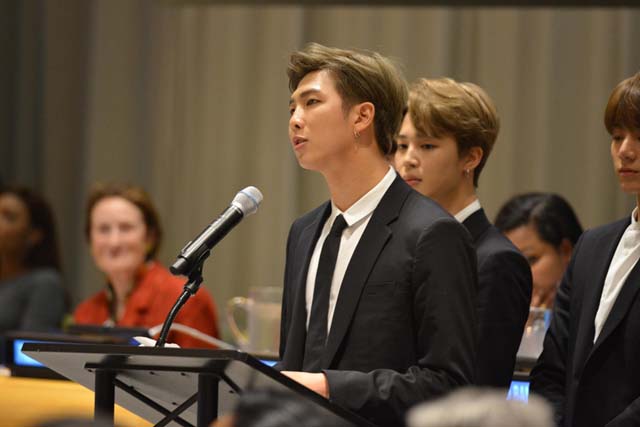 방탄소년단은 지난 24일(현지시간) 미국 뉴욕 유엔본부에서 청년을 주제로 한 발표회에서 연설했다. /유니세프 제공
