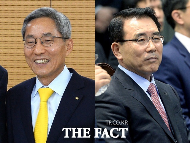 두 금융지주 수장도 각각 주가부양을 위해 적극적으로 나서고 있다. 사진은 윤종규 KB금융지주 회장(왼쪽)과 조용병 신한금융지주 회장의 모습. /더팩트 DB