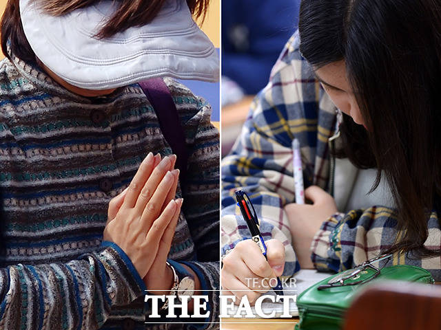 2019학년도 대학수학능력시험이 한 달여 앞둔 15일 서울 강남구 봉은사에서 수험생의 자녀를 둔 학부모(왼쪽)가 자녀의 합격을 기원하며 기도하고 있다. 양천구 오목교 목동종로학원에서는 수험생이 수업을 듣고 있다. /이선화 기자