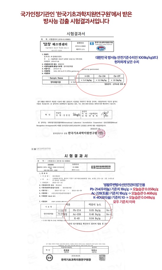 오늘습관은 16일 홈페이지에 한국기초과학지원연구원에서 받은 방사능 검출 시험결과서를 게재했다. /오늘습관 홈페이지