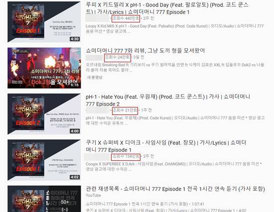 유튜브에 올라와있는 Mnet 쇼미더머니777 음원 관련 영상들이 높은 조회수를 기록하고 있다. /유튜브