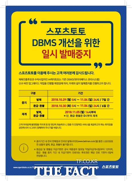 ‘스포츠토토 발매시스템 DBMS 버전 업그레이드’ 에 따른 일시 발매중지 포스터.