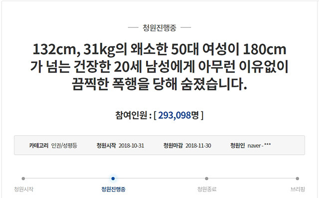 가해자에 대한 심신미약 적용을 우려하며 강력한 처벌을 촉구하고 있다. 이에 대해 국민 청원이 등장해 29만 명이 넘는 인원이 서명했다. /청와대 홈페이지 캡처