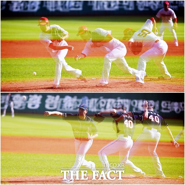 2018 신한은행 마이카 KBO 한국시리즈 5차전 두산 베어스-SK 와이번스의 경기가 10일 오후 인천 미추홀구 인천SK행복드림구장에서 열린 가운데 2회 SK 선발투수 박종훈(위)과 두산 선발투수 후랭코프가 투구를 하고 있다./인천SK행복드림구장=이덕인 기자