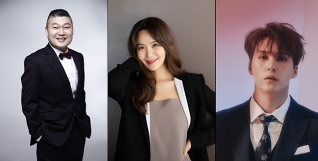 케이블 채널 tvN 새 예능 프로그램 아모르파티에서 개그맨 강호동은 메인 MC로, 방송인 박지윤과 그룹 하이라이트 멤버 손동운(왼쪽부터)은 여행 인솔자로 활약한다. /tvN 제공