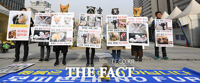 한국동물보호연합 등 동물보호활동 단체 회원들이 15일 오전 서울 광화문 이순신 동상 앞 광장에서 모피 사용 중단을 촉구하는 기자회견을 하고 있다. /이새롬 기자