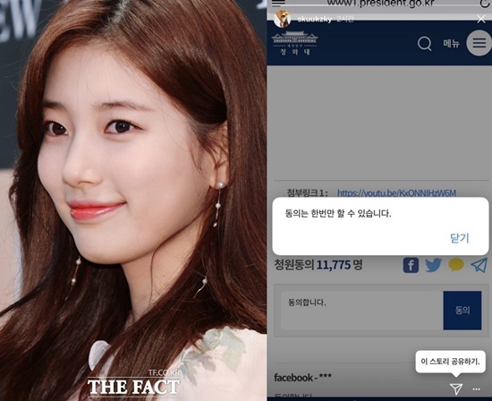 수지는 유명 유튜버 양예원이 겪은 사건을 위해 청원에 동의했다./더팩트DB 수지 인스타그램