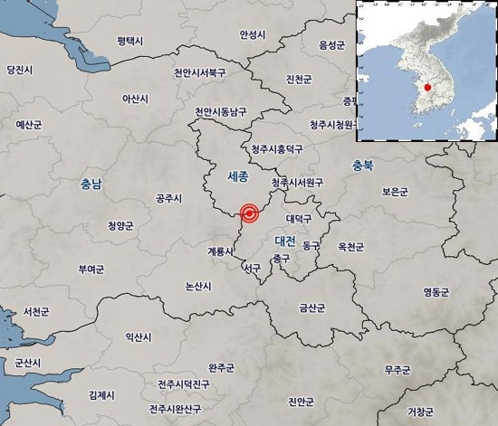 19일 오전 3시34분께 대전 유성구 북서쪽 8km 지점에서 규모 2.1의 지진이 발생했다. /기상청 홈페이지