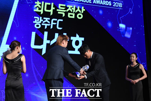 K리그2 최다 득점상을 수상한 광주FC 나상호(오른쪽)