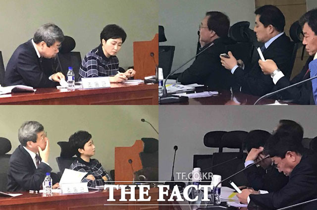 이언주 의원은 필기를 하거나 귀를 기울이는 등 집중하는 모습을 보였다. 반면, 이 자리에 참석한 한국당 의원들은 핸드폰을 쳐다보거나 다른 일에 집중하는 모습을 보였다. /국회=박재우 기자