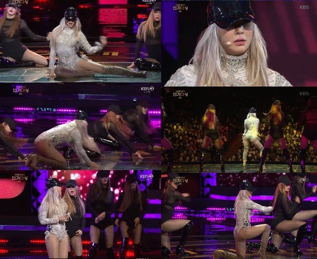 솔로가수 효린이 지난해 12월 31일 시상식에서 보인 파격적인 축하무대로 논란에 휩싸였다./KBS 방송캡처