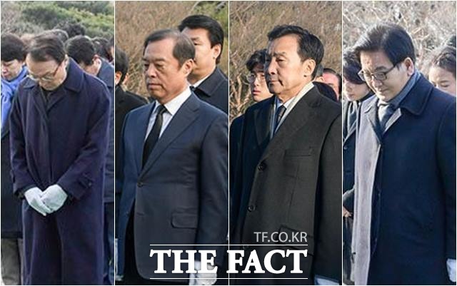 왼쪽부터 이해찬 민주당 대표, 김병준 한국당 비상대책위원장, 손학규 바른미래당 대표, 정동영 민주평화당 대표가 1일 동작구 현충원을 찾아 충혼탑에 참배하고 있는 모습. /김세정 기자